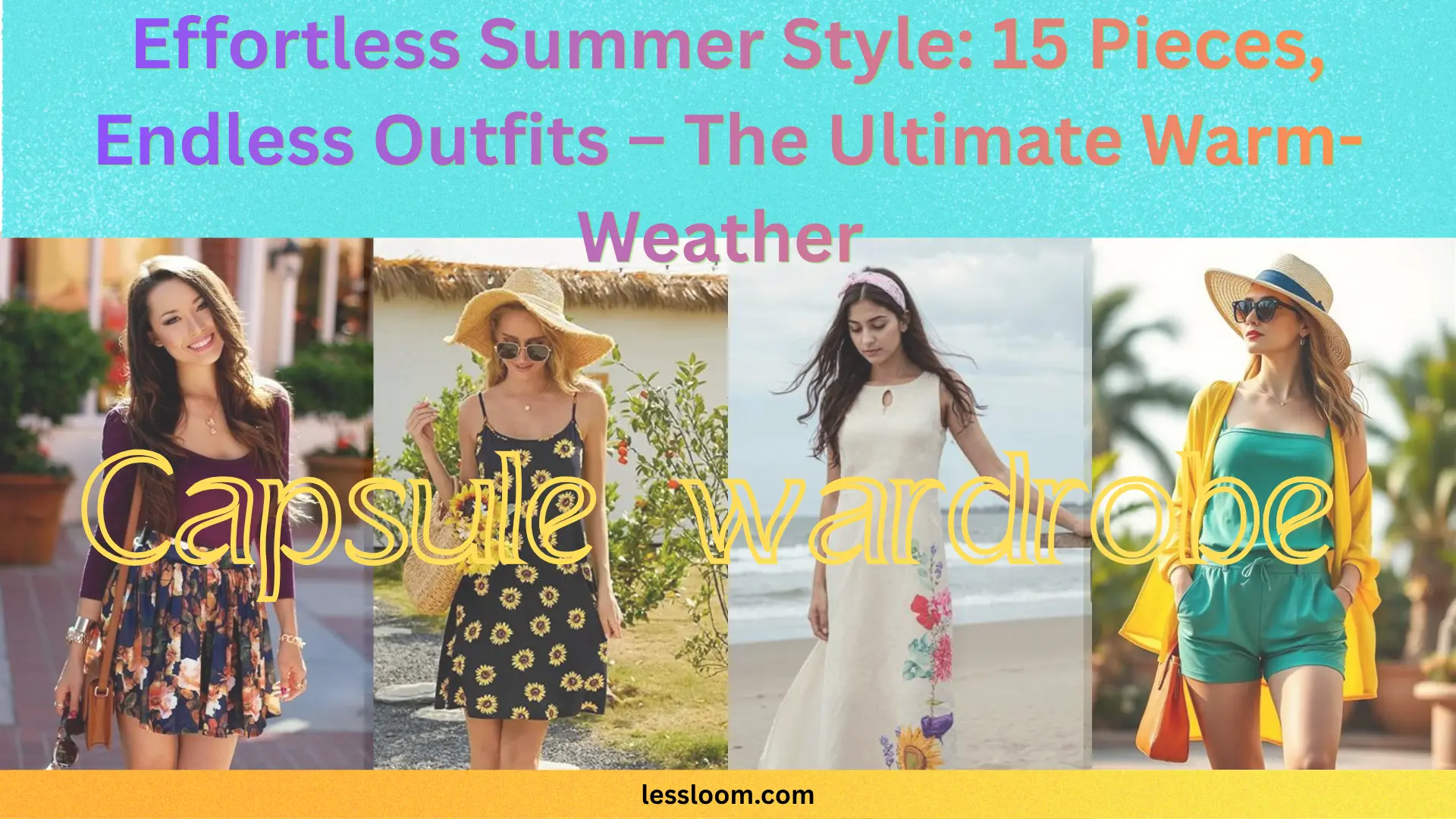 The Pinterest pin "Effortless Summer Style 15 Pieces, Endless Outfits – The Ultimate Warm-Weather Capsule wardrobe.webp" showcases a collage of vibrant summer fashion looks. It highlights how to create a versatile Capsule Wardrobe using just 15 pieces, featuring outfits like floral skirts, sunflower sundresses, white maxi dresses, and colorful rompers. This visual guide offers inspiration for women seeking an effortless, intentional style that maximizes outfit combinations for warm weather.