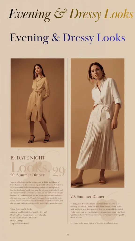 A Pinterest pin titled "Evening & Dressy Looks" showcasing outfit inspiration for a women's fashion Capsule Wardrobe. The image features two stylish models wearing elegant, neutral-toned evening wear, with specific styling suggestions for "Date Night" and "Summer Dinner" occasions. This guide emphasizes how to dress up your minimalist wardrobe, demonstrating that a curated collection of intentional pieces can be effortlessly styled for more formal evening events.