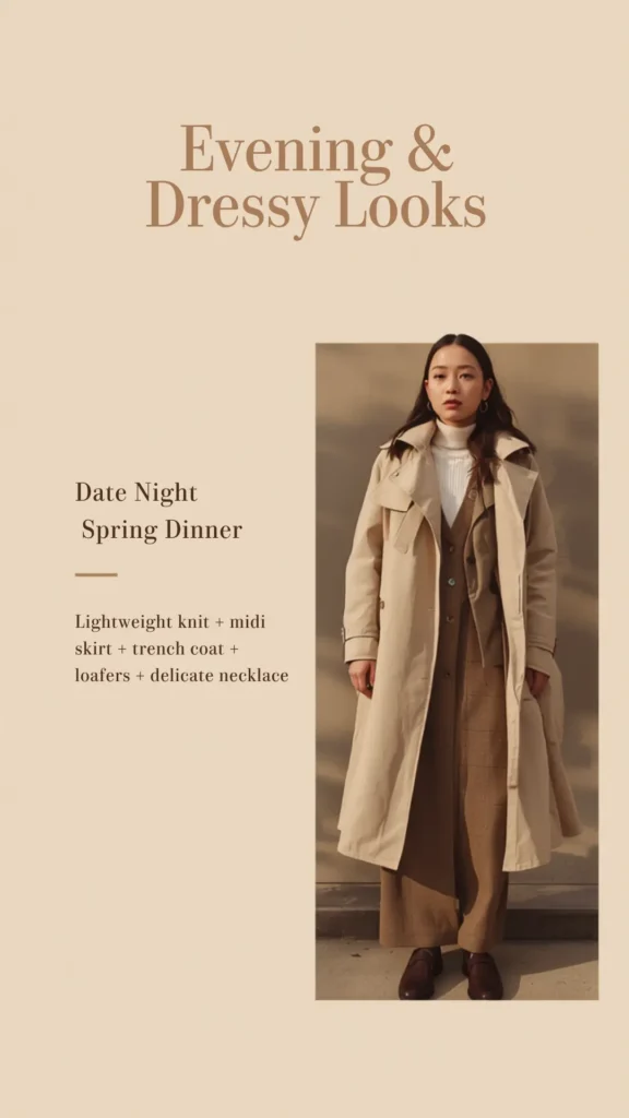 A Pinterest pin titled "Evening & Dressy Looks" showcasing elegant outfit inspiration for a women's fashion Capsule Wardrobe. Curated for a "Date Night" or "Spring Dinner," the clean beige infographic features a model wearing a classic double-breasted trench coat in beige, layered over a white mock-neck knit, a brown midi skirt set, and dark brown loafers. This aesthetic guide offers timeless styling tips for mixing and matching versatile, minimalist essentials.