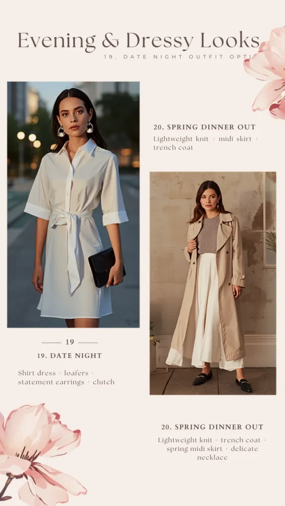 A Pinterest pin titled "Evening & Dressy Looks" showcasing elegant style inspiration for a women's fashion Capsule Wardrobe. Set on a cream background with pink floral details, it features two chic outfit ideas. The first look is a classic white tied shirt dress paired with a black clutch and statement earrings for a date night. The second look features a grey knit top, a long flowing white midi skirt, a classic beige trench coat, and black loafers. Perfect minimalist dressy outfit inspiration.