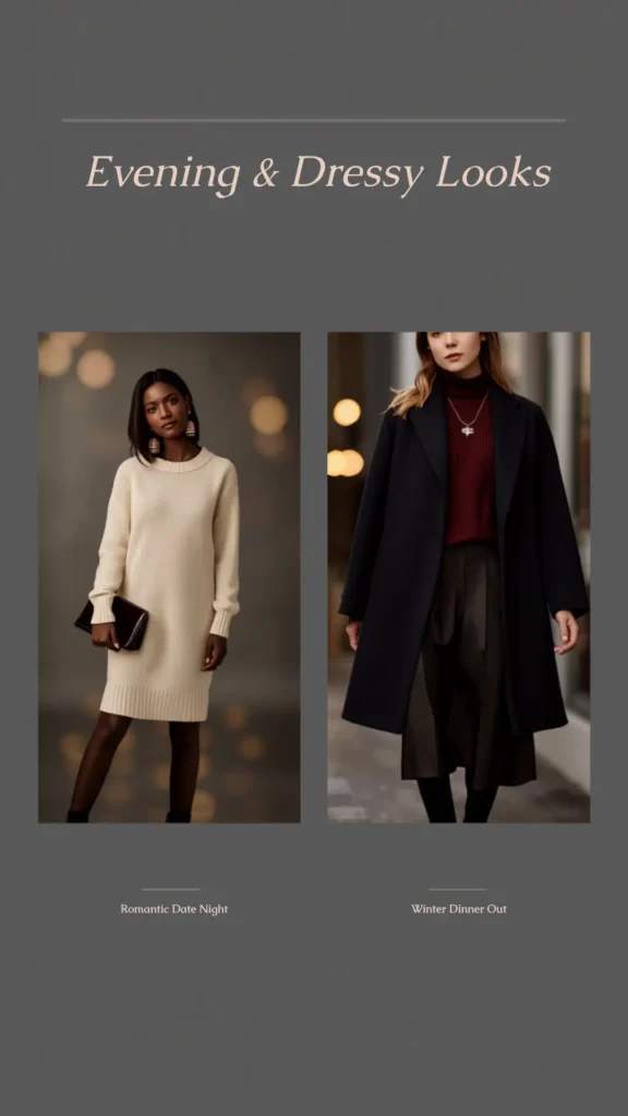 A Pinterest pin titled "Evening & Dressy Looks" featuring elegant outfit ideas for a women's fashion Capsule Wardrobe. Set on a dark charcoal background, it showcases two chic outfits: "Romantic Date Night" with a model wearing a cozy cream knit sweater dress, black tights, statement earrings, and holding a black clutch, and "Winter Dinner Out" featuring a burgundy ribbed turtleneck, dark skirt, long black coat, and necklace. An ideal guide for dressy, minimalist seasonal fashion.
