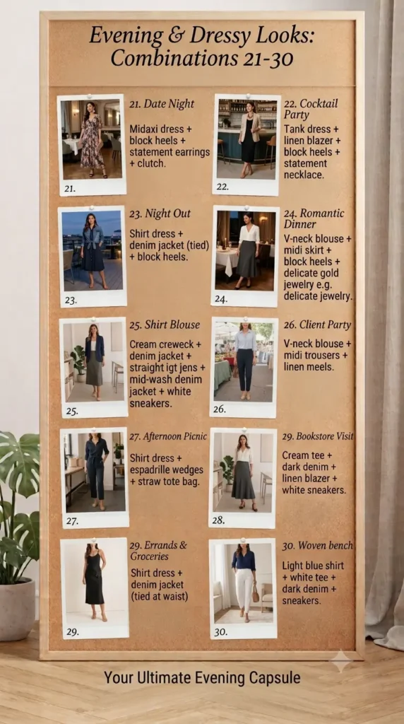 The Pinterest pin "Evening & Dressy Looks.webp" displays a bulletin board featuring outfit combinations 21 through 30, perfect for an evening-ready Capsule Wardrobe in women's fashion. The graphic highlights how to style elegant pieces like midi dresses, blazers, and blouses for occasions ranging from date nights to cocktail parties. It offers intentional, practical inspiration for elevating your style and maximizing your wardrobe options for more formal or dressy events.