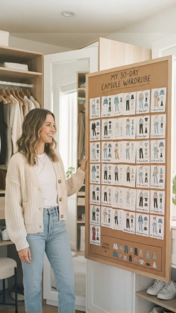 This Pinterest pin, titled "From 15 Pieces to Endless Style.webp", features a woman presenting a 30-day plan on a corkboard, showcasing how to maximize a Capsule Wardrobe for women's fashion. By using just 15 essential pieces, the guide demonstrates how to create a variety of different outfits over a month. It serves as a practical, inspiring example of how intentional curation and planning can provide endless style options while maintaining a minimalist and highly functional closet.