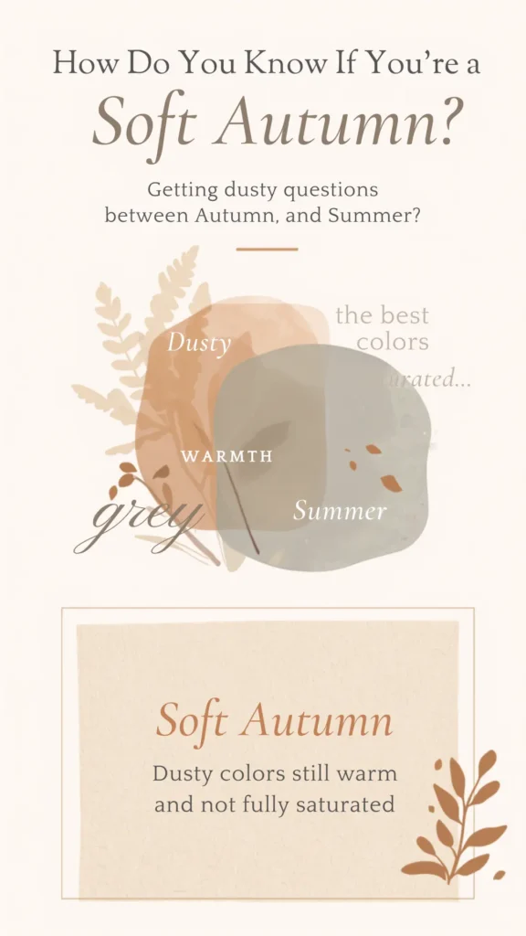 A Pinterest pin infographic titled "How Do You Know If You're a Soft Autumn?" providing seasonal color analysis advice for a women's fashion Capsule Wardrobe. Set on a warm off-white background with soft leaf illustrations, it displays overlapping color swatches in dusty orange, soft grey, and warm beige to explain the palette between Autumn and Summer. A lower text box notes that Soft Autumn colors are warm, dusty, and muted. An ideal guide for curated, minimalist seasonal fashion.