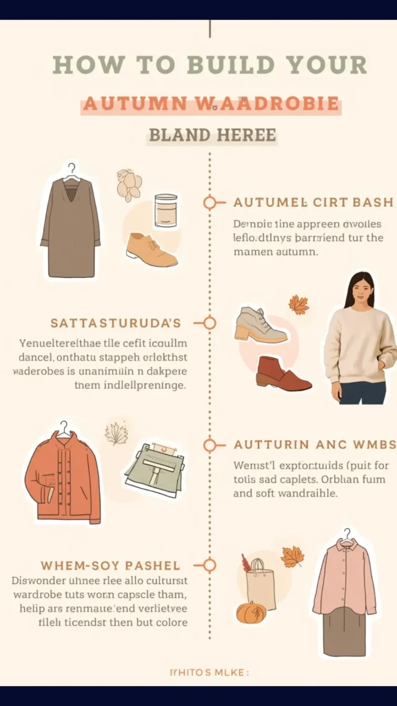 A Pinterest infographic titled "How to Build Your Autumn Wardrobe" offering step-by-step styling tips for a women's fashion Capsule Wardrobe. Set on a warm cream background with a central timeline, it features illustrations of cozy autumn essentials in soft earthy tones: a brown tunic dress, tan oxford shoes, a cream sweater, rust ankle boots, a terracotta jacket, a sage green purse, and a dusty pink shirt. An ideal visual guide for curating a chic, minimalist Soft Autumn fashion collection.