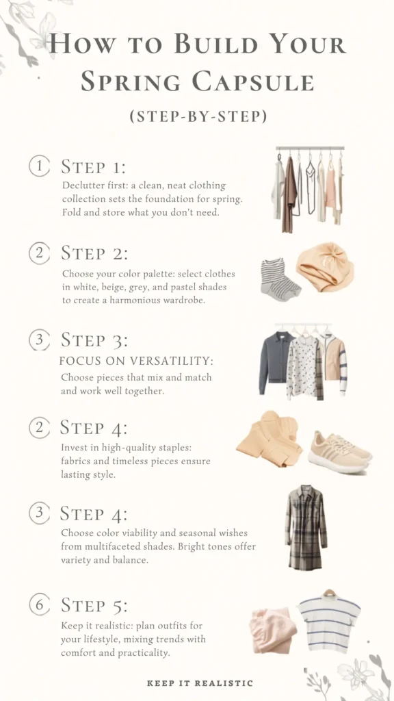 A Pinterest pin infographic titled "How to Build Your Spring Capsule" outlining a step-by-step guide for a women's fashion Capsule Wardrobe. Set on a clean cream background with floral accents, it lists five steps: decluttering first, choosing a neutral color palette, focusing on versatility, investing in high-quality staples, and keeping it realistic. Neutral photos highlight wardrobe essentials like hanging shirts, striped tees, cozy knits, beige sneakers, and a plaid top.