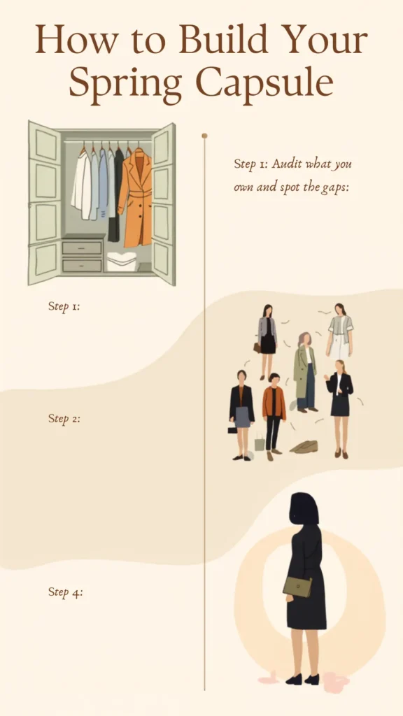 A minimalist beige Pinterest pin infographic titled "How to Build Your Spring Capsule" for a women's fashion Capsule Wardrobe. The clean layout features illustrated steps, showing an open closet with hanging clothes on the left alongside placeholders for Step 1, 2, and 4. The right side outlines "Step 1: Audit what you own and spot the gaps" with chic, stylish illustrations of women wearing neutral, classic layered outfits, trench coats, and blazers, ending with a timeless, elegant black dress.