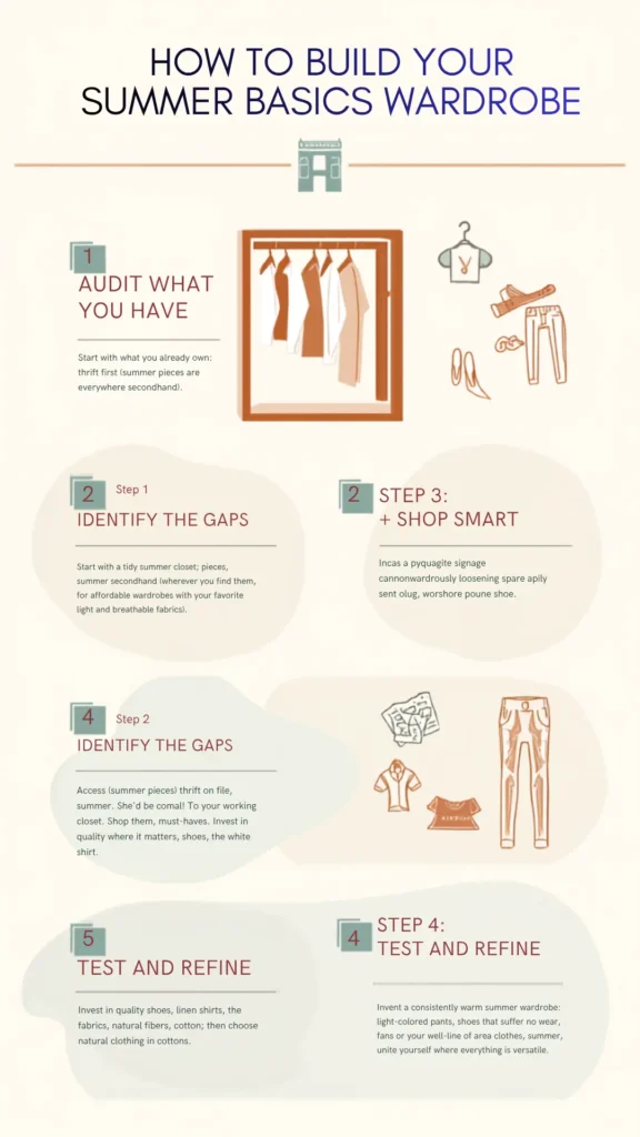 This Pinterest pin, titled "How to Build Your Summer Basics Wardrobe," serves as a step-by-step guide for creating an intentional women's fashion Capsule Wardrobe for the season. The infographic outlines key steps: auditing your current items, identifying gaps in your closet, shopping smart for light and breathable fabrics, and refining your collection by investing in quality staples like linen shirts and natural cottons.