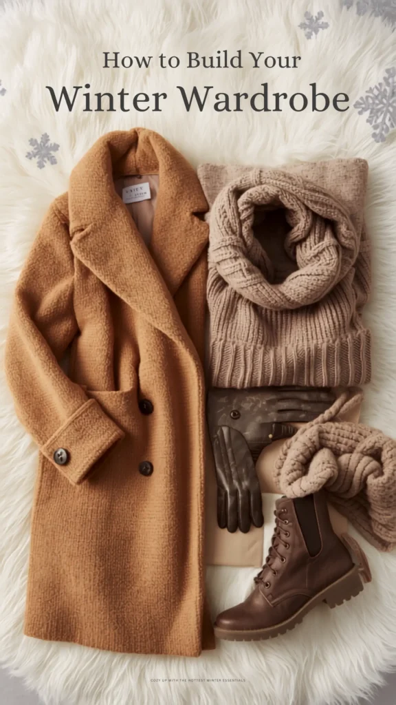 A Pinterest pin titled "How to Build Your Winter Wardrobe" featuring a cozy flat lay of essential items for a women's fashion Capsule Wardrobe. Arranged on a white faux fur background with subtle snowflake accents, the layout showcases a textured long camel wool coat, a chunky beige ribbed knit sweater, brown leather gloves, a matching knit scarf, and stylish brown lace-up leather boots. This guide highlights warm, minimalist staples perfect for curating an elegant cold-weather style.
