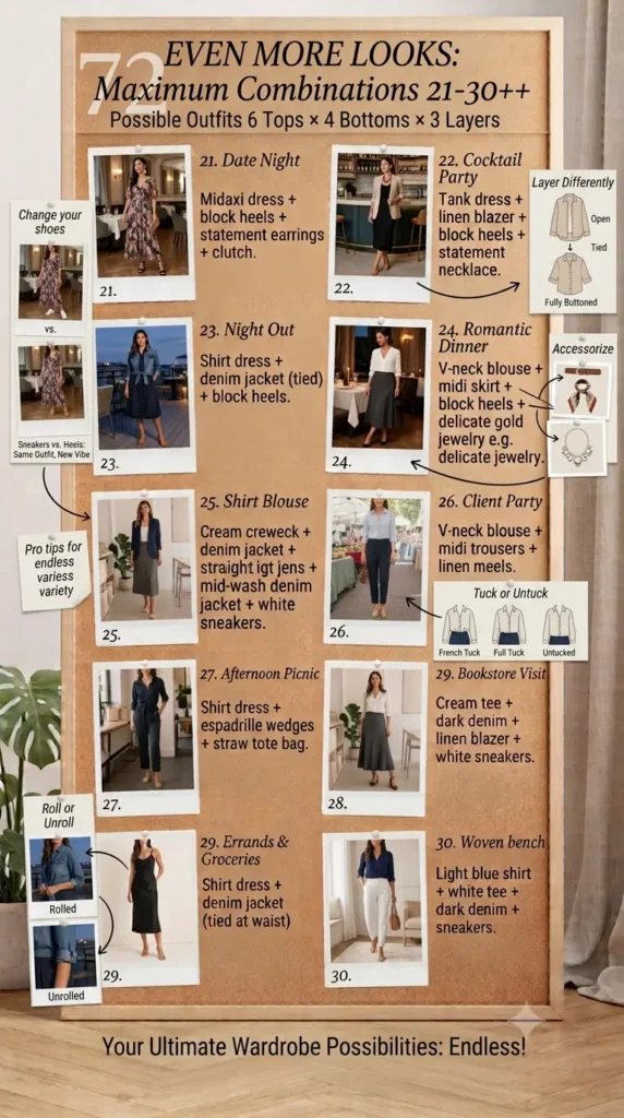 The Pinterest pin "How to Create Even More Looks.webp" features a bulletin board guide for maximizing your women's fashion Capsule Wardrobe. It illustrates how to create 72 possible outfits using just 6 tops, 4 bottoms, and 3 layers. The graphic provides actionable styling tips for endless variety, including how to change shoes, layer differently, accessorize, tuck or untuck shirts, and roll sleeves. It is the ultimate visual guide for creating diverse, intentional looks from a small collection.