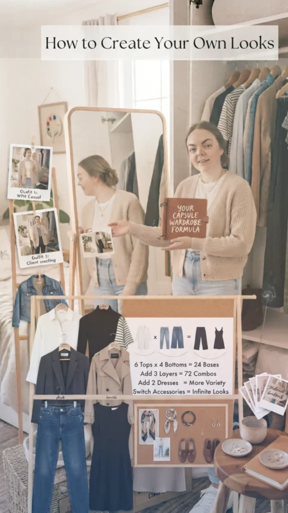 This Pinterest pin, titled "How to Create Your Own Looks.webp," features a woman presenting a mathematical formula for building a versatile Capsule Wardrobe for women's fashion. The image displays a visual breakdown of how combining a set number of tops, bottoms, layers, and dresses, along with switching accessories, results in an infinite number of outfit combinations. It serves as an empowering guide for simplifying dressing by using a structured, strategic approach to wardrobe planning.