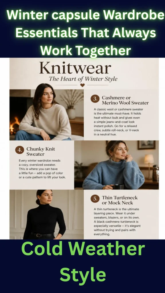 This Pinterest pin highlights "Knitwear" as the heart of a winter Capsule Wardrobe for women's fashion. It showcases three essential sweater styles: a classic neutral cashmere or merino wool sweater, a cozy chunky knit for adding texture or color, and a thin turtleneck or mock neck perfect for layering. This guide offers advice on building a functional, chic winter wardrobe with versatile pieces that work together to keep you polished during the cold weather season.