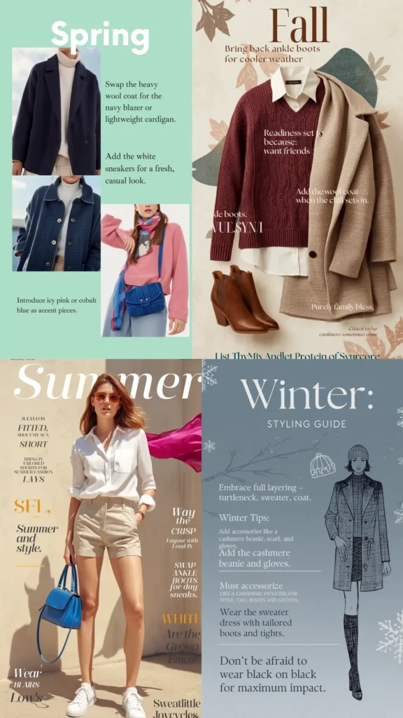 A four-panel Pinterest pin infographic showcasing year-round styling ideas for a women's fashion Capsule Wardrobe across all four seasons. Spring features a navy blazer and pink sweater; Fall highlights a burgundy cable-knit sweater, camel wool coat, and brown ankle boots; Summer displays a model in a white button-down shirt, khaki shorts, and sneakers with a bright blue bag; Winter provides layering tips with coats, boots, and tights. Ideal guide for seasonal wardrobe versatility.