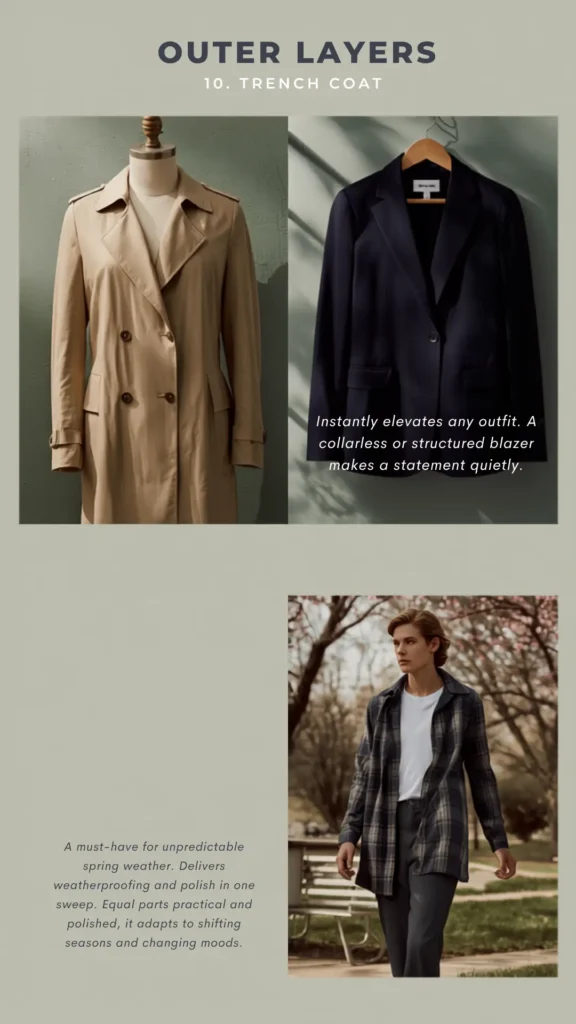 A Pinterest pin infographic titled "Outer Layers" showcasing essential jackets and coats for a women's fashion Capsule Wardrobe. The clean, sage green layout features three timeless pieces: a classic tan double-breasted trench coat, a structured black blazer, and a model walking outdoors in a dark plaid overshirt layered over a white t-shirt. The text emphasizes versatile, practical layering choices designed to effortlessly elevate everyday spring outfits.
