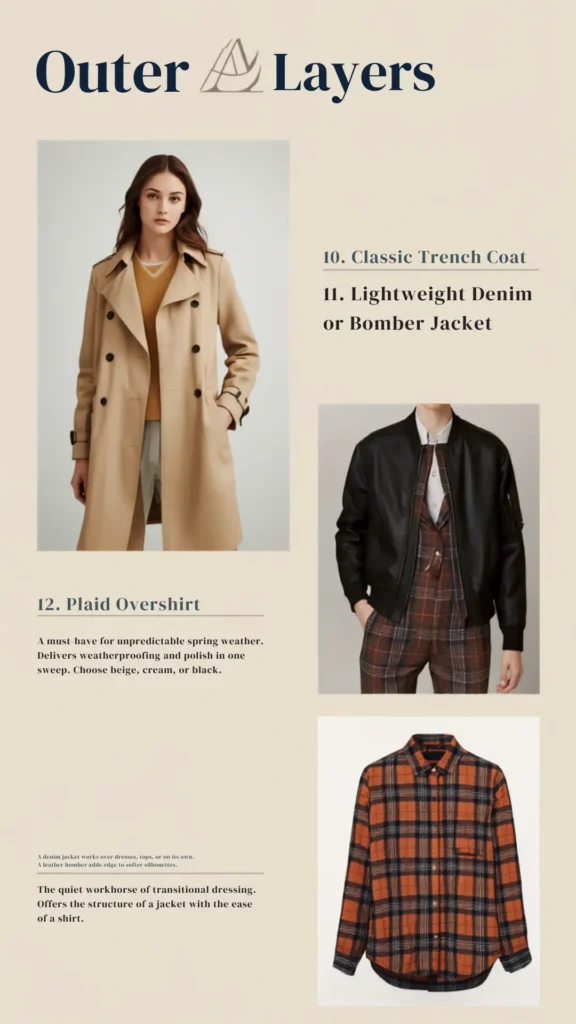 A Pinterest pin graphic titled "Outer Layers" showcasing essential outerwear for a women's fashion Capsule Wardrobe. The clean, beige infographic features three distinct styles: a woman wearing a classic double-breasted beige trench coat, a model wearing a black lightweight bomber jacket layered over a plaid vest, and a casual orange and navy plaid overshirt. This transitional style guide offers minimalist inspiration for building a versatile, timeless, and chic seasonal look