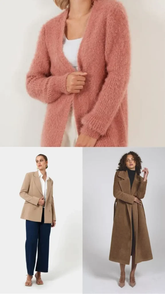 A three-panel collage displaying essential outerwear options for a women's fashion Capsule Wardrobe. The top image close-up features a soft, fluffy dusty rose cardigan styled over a white top. Below left, a model wears a structured double-breasted beige blazer over a white shirt and dark blue denim jeans. Below right, a model presents a sophisticated long brown wool coat layered over a black turtleneck. An ideal visual guide for chic, versatile outerwear layering across any season.