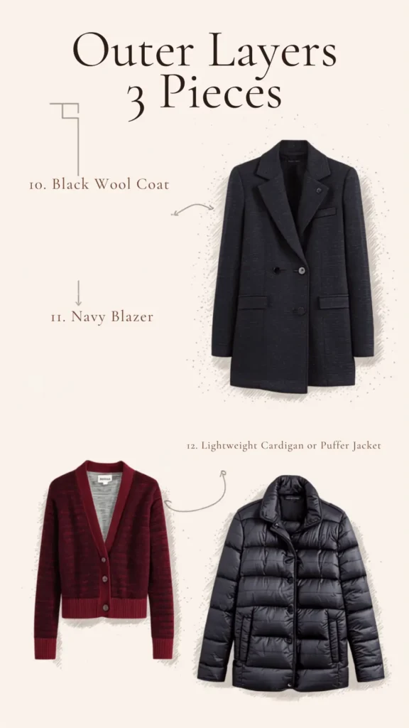 A Pinterest pin infographic titled "Outer Layers 3 Pieces" featuring essential outerwear for a women's fashion Capsule Wardrobe. Set on a clean cream background, it highlights three versatile layering options: a structured dark navy wool blazer coat, a deep burgundy V-neck buttoned cardigan, and a sleek black quilted puffer jacket. Perfect guide for building a chic, minimalist seasonal outfit collection.