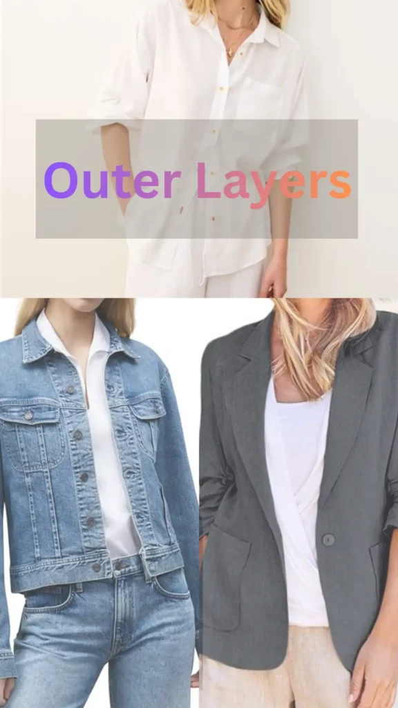 The Pinterest pin "Outer Layers.webp" showcases essential outer layers for a women's fashion Capsule Wardrobe. The collage features three versatile pieces: a crisp white button-down shirt, a classic denim jacket, and a structured dark grey blazer. By including these timeless staples, you can easily elevate your daily outfits, proving that thoughtful layering is the secret to a functional, minimalist style that maximizes your wardrobe's potential.