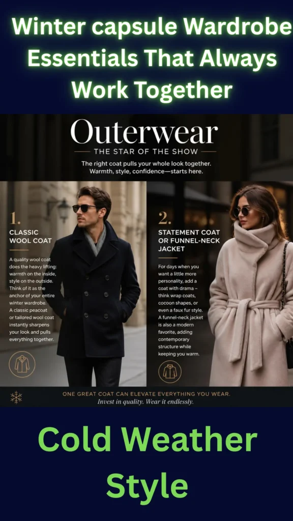 This Pinterest pin highlights "Outerwear" as a key essential for a women's Winter Capsule Wardrobe. It features two main types of coats: a classic wool coat that acts as an anchor for your winter style, and a statement or funnel-neck jacket for adding drama and structure. The image emphasizes that the right coat pulls your whole look together, offering warmth, style, and confidence. Investing in quality outerwear is presented as the ultimate way to elevate your everyday winter outfits.