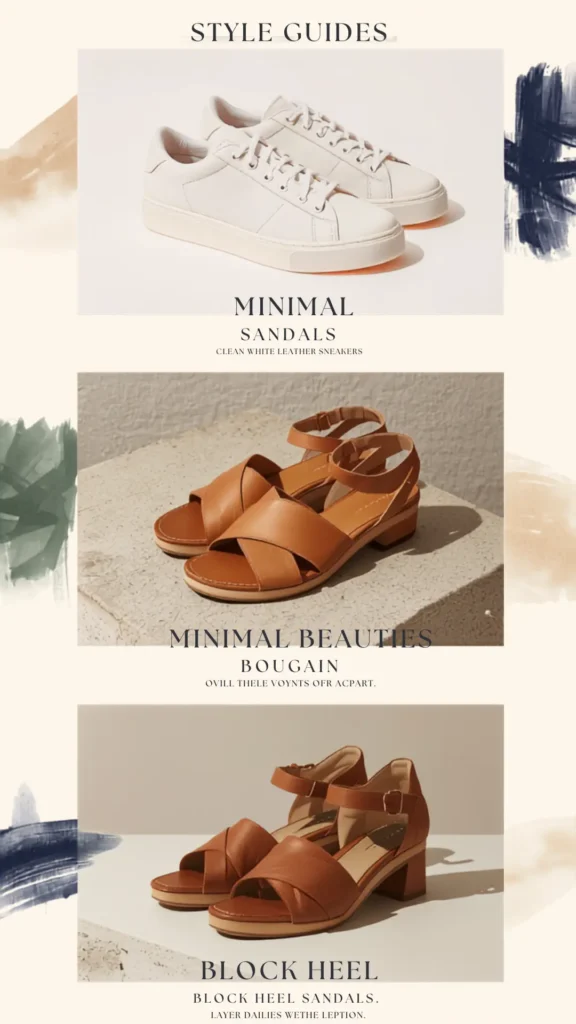A style guide for a women's fashion Capsule Wardrobe featuring three essential shoe types: clean white leather sneakers for a minimalist look, comfortable tan strap sandals, and versatile tan block heel sandals. These classic, neutral footwear options are designed to mix and match perfectly, providing comfort and style for any occasion. This selection helps simplify your daily dressing by focusing on high-quality, wearable staples that complete any outfit.