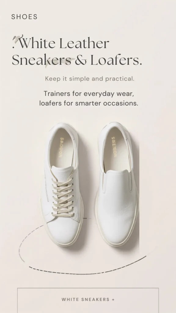A Pinterest pin titled "Shoes" highlighting essential footwear for a women's fashion Capsule Wardrobe. The clean cream graphic features the text "White Leather Sneakers & Loafers" and notes to keep styling simple and practical. A top-down view showcases two minimalist, crisp white leather shoes—a lace-up trainer and a sleek slip-on loafer. Ideal inspiration for curating versatile, timeless everyday footwear basics that easily dress up or down.