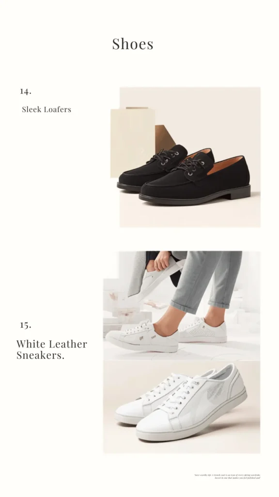 A minimalist Pinterest pin titled "Shoes" showcasing essential footwear staples for a women's fashion Capsule Wardrobe. The clean, beige infographic highlights two timeless styles: "14. Sleek Loafers," featuring a pair of black lace-up loafers, and "15. White Leather Sneakers," showing a model wearing crisp white low-top sneakers with grey cropped trousers alongside a product shot. This elegant guide offers inspiration for curating a versatile, comfortable seasonal shoe collection.