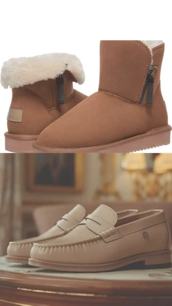 A two-panel Pinterest pin showcasing 2 essential footwear options for a women's fashion Capsule Wardrobe. The top image features a pair of chestnut suede mini ankle boots with cozy white shearling lining and side zipper details. The bottom image displays a pair of classic cream beige leather penny loafers with neat stitching, set on an elegant surface. An ideal visual guide for pairing warm winter booties and sophisticated everyday slip-on shoes in a minimalist, versatile collection.