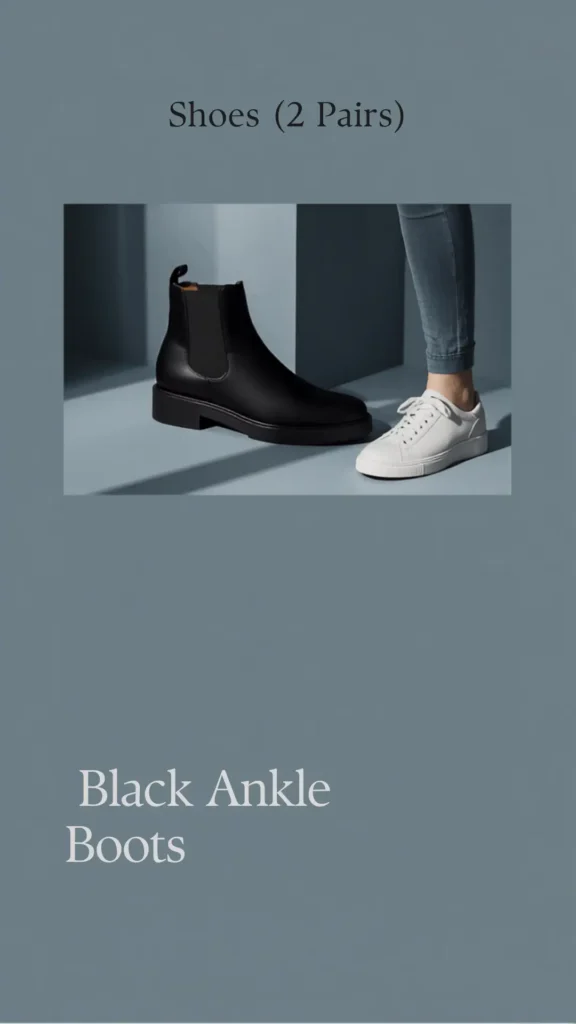 A Pinterest pin graphic titled "Shoes (2 Pairs)" highlighting footwear essentials for a women's fashion Capsule Wardrobe. Set on a muted slate blue background, it displays two versatile staple shoe choices: a classic black leather Chelsea ankle boot (labeled "Black Ankle Boots") and a crisp, minimalist white low-top leather sneaker worn with slim denim jeans. An ideal visual guide for curating a functional, stylish, and timeless minimalist shoe collection.