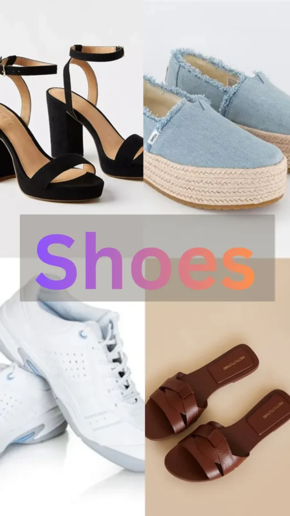 The Pinterest pin "Shoes.webp" features a versatile selection of footwear essential for building a women's fashion Capsule Wardrobe. The collection includes elegant black heeled sandals, comfortable light blue denim espadrilles, classic white athletic sneakers, and simple brown slide sandals. This variety demonstrates how a few intentional, well-chosen pairs of shoes can complement a wide range of outfits, serving as the perfect finishing touch for a functional and minimalist wardrobe.