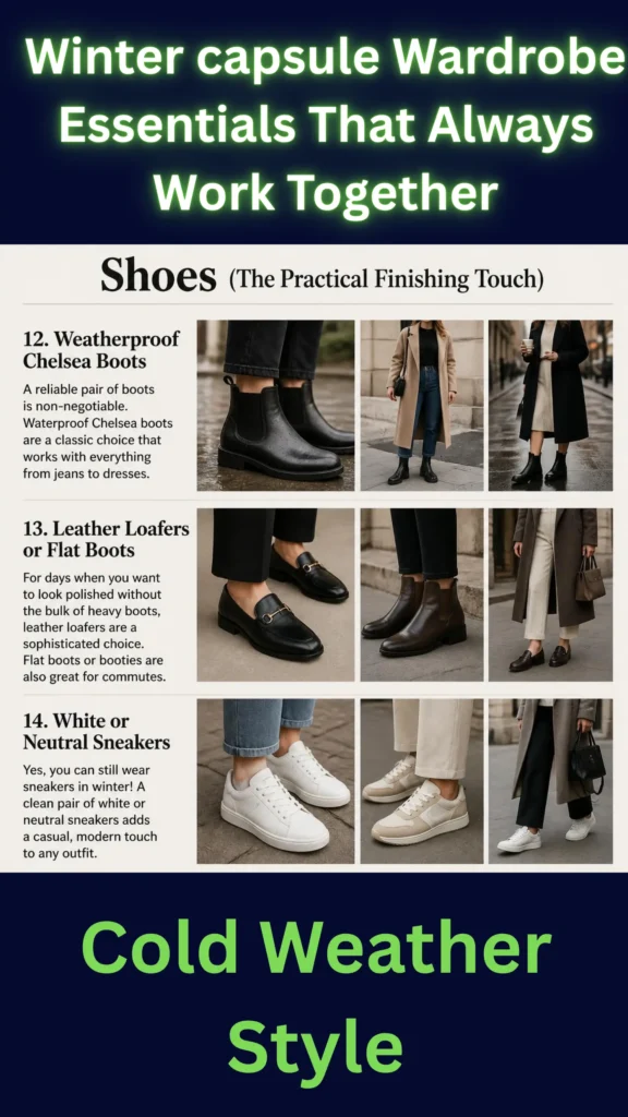 This Pinterest pin, titled "Winter capsule Wardrobe Essentials That Always Work Together," highlights foundational footwear for a women's cold weather Capsule Wardrobe. The guide showcases three essential shoe styles: weatherproof black Chelsea boots for a versatile look, sophisticated leather loafers or flat brown boots for instant polish, and clean white or neutral sneakers to add a modern, casual touch. It offers practical styling inspiration for building an intentional, minimalist winter wardrobe.