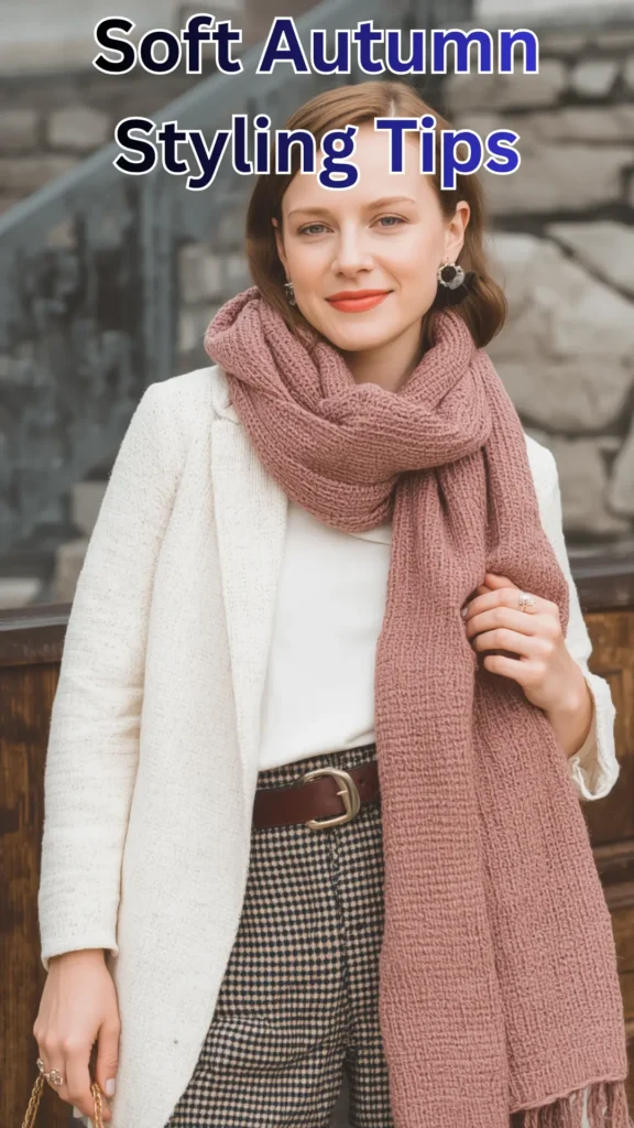 A Pinterest pin titled "Soft Autumn Styling Tips" showcasing chic cold-weather outfit inspiration for a women's fashion Capsule Wardrobe. Set outdoors against a stone background, a woman wearing an off-white textured coat layered over a white top, paired with high-waisted brown houndstooth trousers and a brown leather belt. She accessorizes with a thick, cozy dusty rose pink knitted scarf and gold jewelry. An ideal visual guide for soft autumn seasonal color palettes and minimalist fashion.