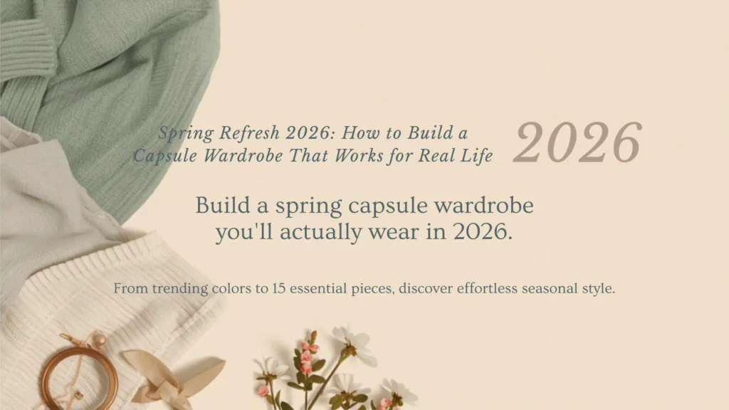 A Pinterest pin graphic titled "Spring Refresh 2026: How to Build a Capsule Wardrobe That Works for Real Life" for women's fashion. The minimalist beige background features the prominent year 2026 and text encouraging viewers to build a practical spring capsule wardrobe with 15 essential pieces. The left side displays aesthetic, softly folded clothing in pastel sage green, cream ribbed knit, and off-white textures, paired with delicate spring flowers and a gold accessory.
