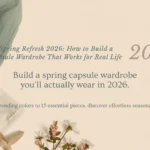 A Pinterest pin graphic titled "Spring Refresh 2026: How to Build a Capsule Wardrobe That Works for Real Life" for women's fashion. The minimalist beige background features the prominent year 2026 and text encouraging viewers to build a practical spring capsule wardrobe with 15 essential pieces. The left side displays aesthetic, softly folded clothing in pastel sage green, cream ribbed knit, and off-white textures, paired with delicate spring flowers and a gold accessory.