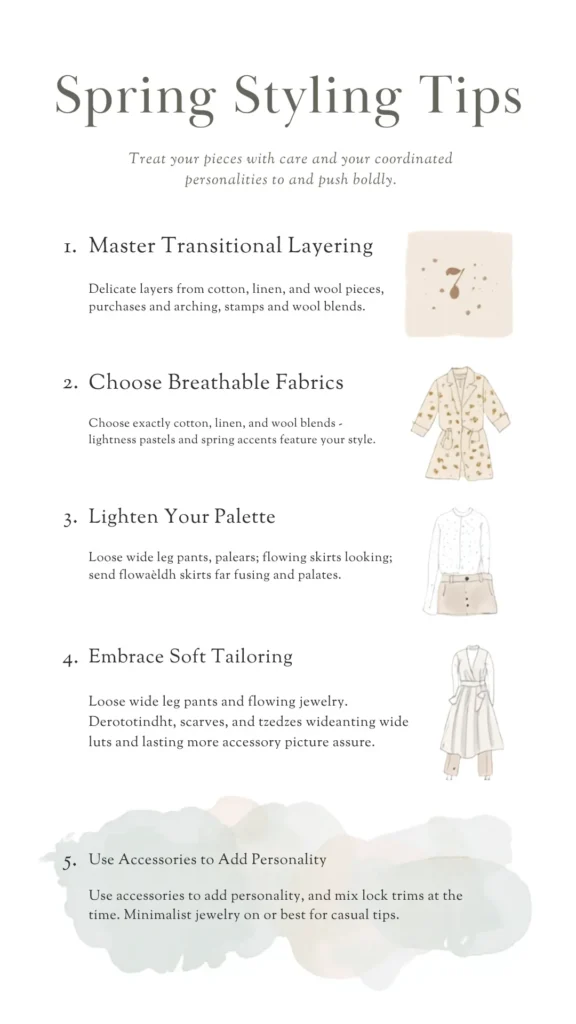 A Pinterest pin titled "Spring Styling Tips" highlighting fashion advice for a women's Capsule Wardrobe. The clean, minimalist layout lists tips: master transitional layering, choose breathable fabrics, lighten your palette, embrace soft tailoring, and use accessories. Delicate hand-drawn illustrations showcase a patterned jacket, a white blouse with a beige skirt, and a layered long coat with trousers, finished with a soft pastel watercolor splash at the bottom.