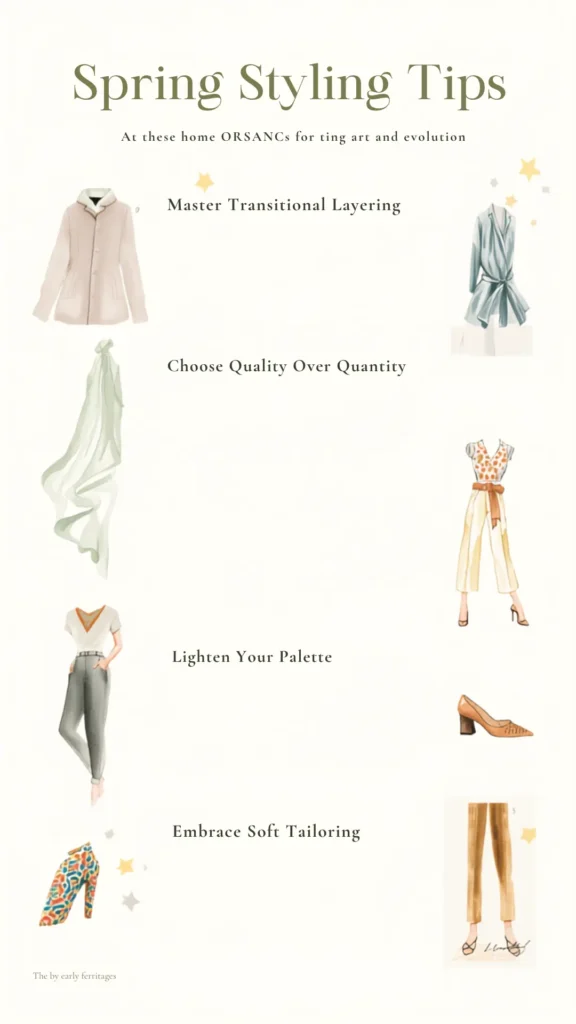 A minimalist Pinterest pin titled "Spring Styling Tips" showcasing watercolor fashion illustrations for a women's Capsule Wardrobe. The clean cream infographic outlines key tips: Master Transitional Layering, Choose Quality Over Quantity, Lighten Your Palette, and Embrace Soft Tailoring. Featured items include a classic cream coat, a flowing sage green scarf, a blue wrap top, tailored trousers, and neutral block heels, offering elegant aesthetic inspiration.