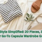 The Pinterest pin "Summer Style Simplified 20 Pieces, 30 Ways – Your Go-To Capsule Wardrobe Guide.webp" features a flat-lay of essential summer items for women's fashion, including a striped shirt, a light-colored dress, woven sandals, and a beige handbag. This visual serves as a helpful guide for organizing a versatile Capsule Wardrobe, demonstrating how 20 pieces can create 30 different outfits for the season.
