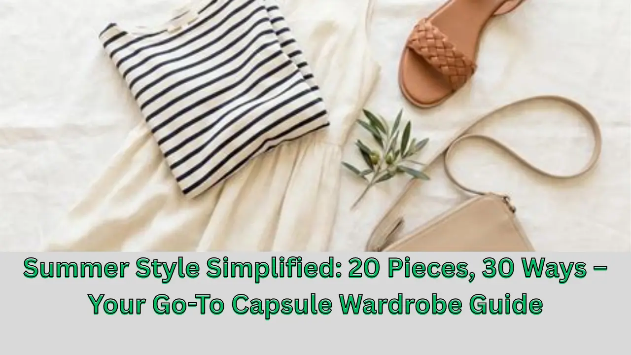 The Pinterest pin "Summer Style Simplified 20 Pieces, 30 Ways – Your Go-To Capsule Wardrobe Guide.webp" features a flat-lay of essential summer items for women's fashion, including a striped shirt, a light-colored dress, woven sandals, and a beige handbag. This visual serves as a helpful guide for organizing a versatile Capsule Wardrobe, demonstrating how 20 pieces can create 30 different outfits for the season.