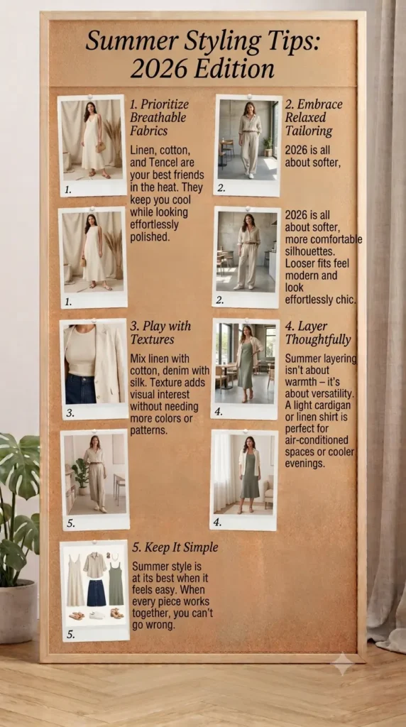 The Pinterest pin "Summer Styling Tips.webp" presents a 2026 guide for mastering your summer Capsule Wardrobe in women's fashion. It features five actionable tips: prioritizing breathable fabrics like linen and cotton, embracing relaxed tailoring, playing with textures, layering for versatility, and keeping outfits simple. By focusing on intentional pieces, this guide helps create a chic and functional wardrobe.