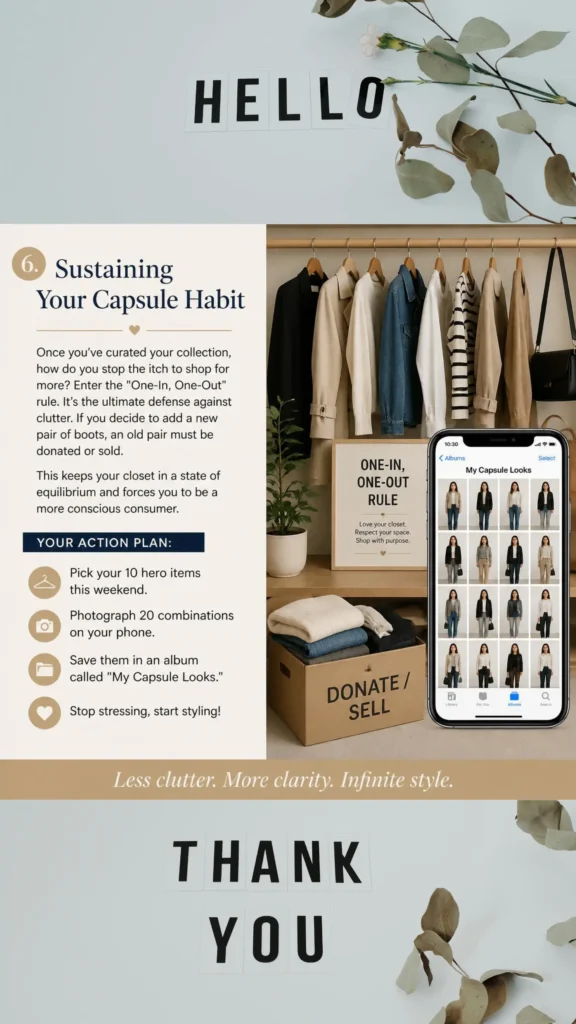 This Pinterest pin, titled "Sustaining Your Capsule Habit.webp", provides a strategic guide on maintaining a long-term Capsule Wardrobe for women's fashion. The graphic introduces the "One-In, One-Out" rule alongside a neat clothing rack, a "Donate/Sell" box, and a smartphone displaying a "My Capsule Looks" photo album. Offering a clear action plan to pick hero items and document outfit combinations, it helps women achieve less clutter and infinite style through intentional fashion habits.
