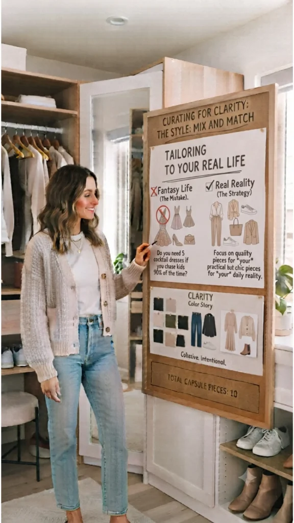 This Pinterest pin, titled "Tailoring to Your Real Life.webp", features a woman explaining a key strategy for curating a practical Capsule Wardrobe in women's fashion. The visual presentation board contrasts dressing for a "Fantasy Life" with dressing for "Real Reality," advising viewers to focus on quality, chic pieces that fit their actual daily routines rather than impractical items. It highlights using a cohesive color story to build a highly functional, 10-piece minimalist closet.
