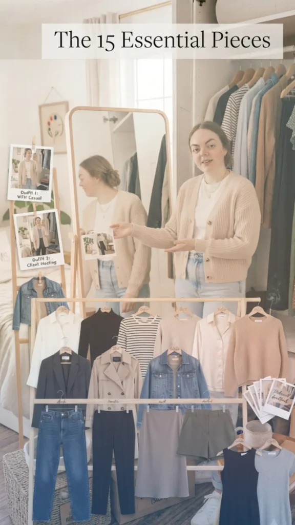This Pinterest pin, titled "The 15 Essential Pieces.webp", features a woman demonstrating how to curate a functional Capsule Wardrobe for women's fashion using a focused collection of 15 versatile items. By showcasing how a limited set of high-quality basics can be styled into various outfits for different occasions, the image provides a practical guide for building a minimalist, efficient, and stylish wardrobe that simplifies dressing while maximizing outfit possibilities.