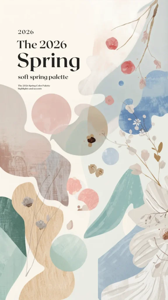 A Pinterest pin titled "The 2026 Spring soft spring palette" showing color inspiration for a women's fashion Capsule Wardrobe. The elegant infographic features an artistic abstract design with fluid watercolor shapes in blush pink, soft sage green, muted sky blue, warm beige, and cream. Delicate line art illustrations of white flowers and branches are layered throughout, creating a minimalist aesthetic guide for curating seasonal clothing colors.