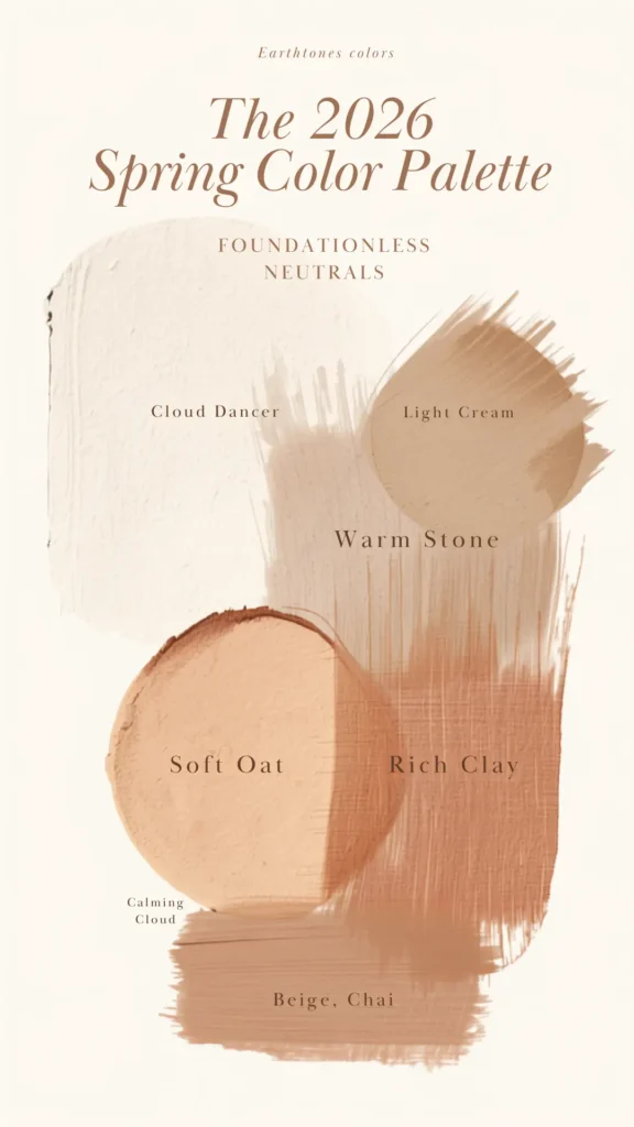 A Pinterest pin graphic titled "The 2026 Spring Color Palette" showcasing "Foundationless Neutrals" for a women's fashion Capsule Wardrobe. The minimalist design features textured paint swatches in warm earth tones, including labels like Cloud Dancer, Light Cream, Warm Stone, Soft Oat, Rich Clay, Calming Cloud, and Beige Chai. This aesthetic color guide provides curation inspiration for a timeless, elegant, and cohesive minimalist spring style.
