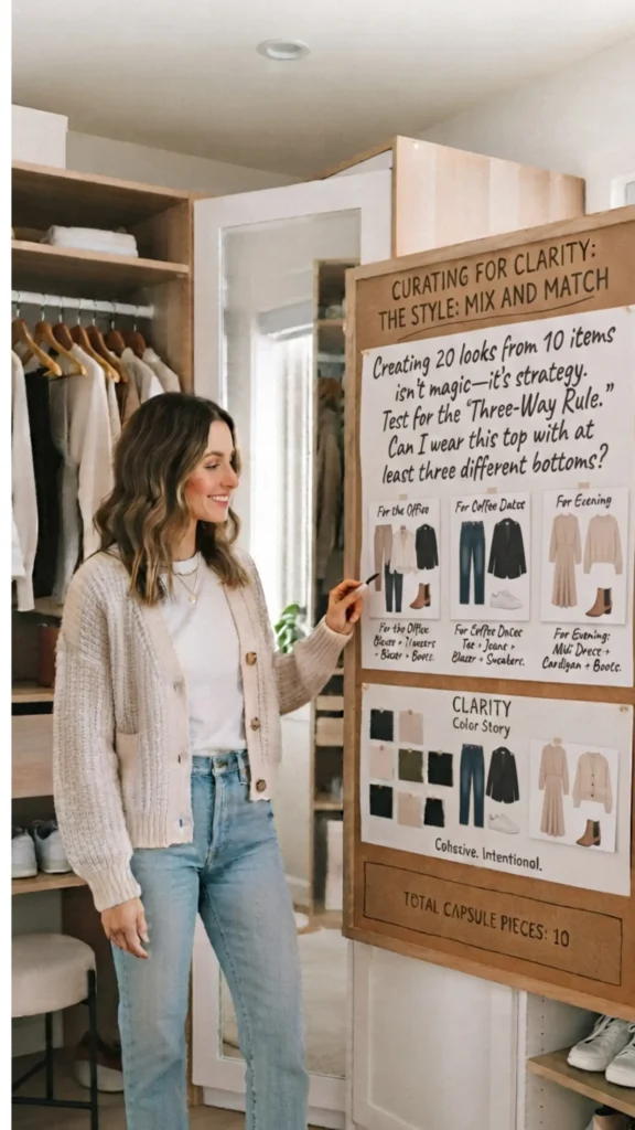 This Pinterest pin, titled "The Math Behind the Style Mix and Match.webp", features a woman demonstrating a strategy for building a functional Capsule Wardrobe in women's fashion. By applying the "Three-Way Rule"—ensuring each top can be paired with at least three different bottoms—she illustrates how to create 20 distinct looks from just 10 foundational items. The board highlights how intentional, cohesive color stories make outfit building effortless.