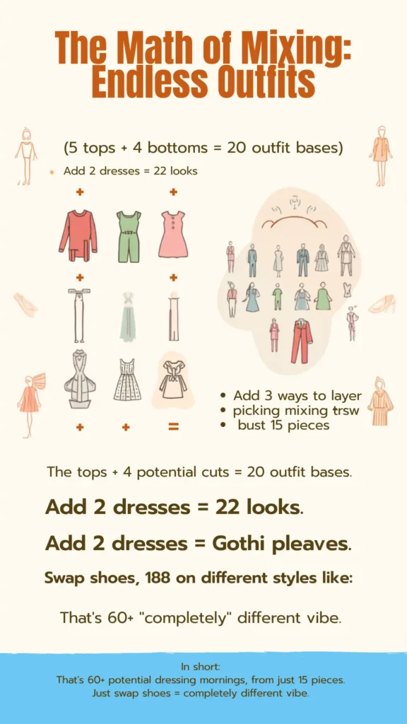 This graphic, "The Math of Mixing: Endless Outfits," illustrates the logic behind a versatile women's fashion Capsule Wardrobe. It demonstrates how combining 5 tops and 4 bottoms creates 20 bases, growing to 22 looks with 2 dresses, and over 60 combinations by adding layers and swapping shoes. This visual guide shows how an intentional collection of just 15 pieces provides endless outfit possibilities, helping to simplify your mornings and ensure you always have something great to wear.