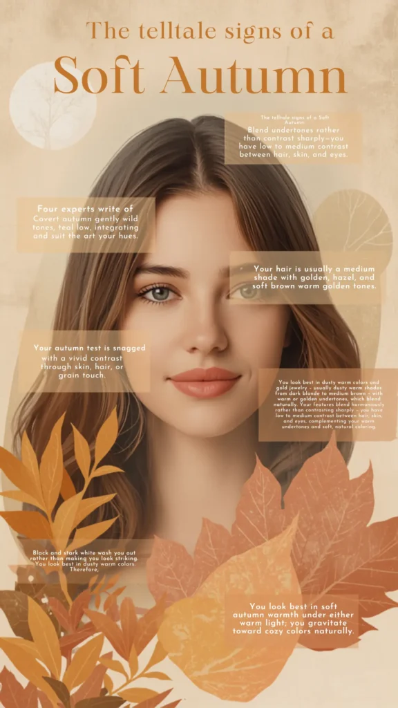 A Pinterest pin infographic titled "The telltale signs of a Soft Autumn" providing color analysis for a women's fashion Capsule Wardrobe. Set on a warm beige background with autumn leaves, it features a close-up portrait of a woman with golden-brown hair and hazel eyes. Surrounding text notes explain key Soft Autumn traits: low-to-medium contrast, blended undertones, and why dusty warm colors and gold jewelry flatter best. An ideal guide for curated seasonal outfit planning.