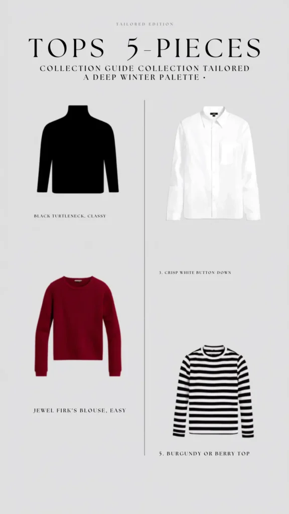 A Pinterest pin infographic titled "Tops 5-Pieces Collection Guide" for a Deep Winter palette in women's fashion. Set on a clean light grey grid background, it features minimalist essential tops for a Capsule Wardrobe: a classic black turtleneck, a crisp white long-sleeve button-down shirt, a rich burgundy red crewneck sweater, and a timeless black-and-white striped long-sleeve top. An ideal styling guide for building a versatile, elegant, and cohesive minimalist collection.