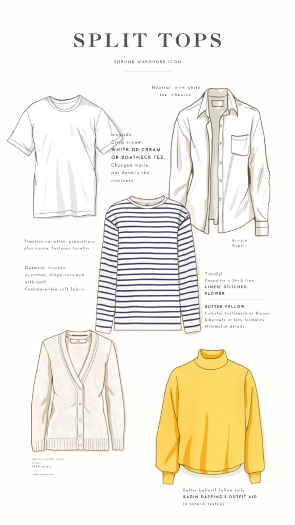 A Pinterest pin infographic titled "Split Tops" highlighting essential shirts for a women's fashion Capsule Wardrobe. Set on a clean cream background, it features five stylish hand-drawn clothing illustrations: a classic white t-shirt, a neutral white button-up shirt, a timeless blue and white striped long-sleeve tee, a cozy cream v-neck knit cardigan, and a bright butter yellow turtleneck sweater. An elegant guide offering minimalist inspiration for layering everyday outfits.