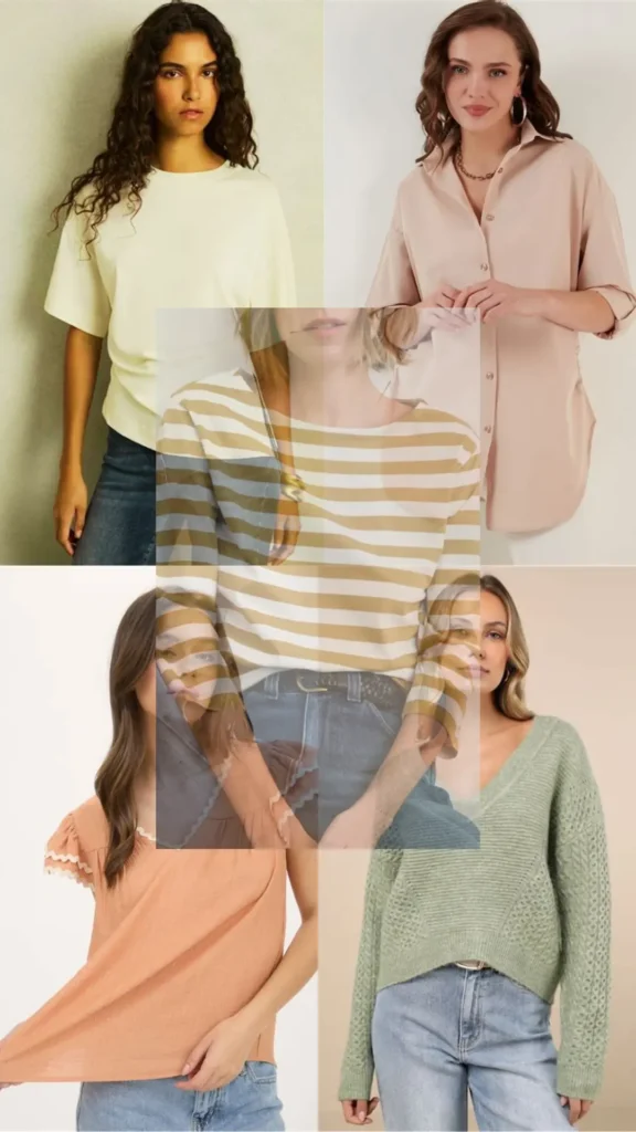 A grid collage showcasing 5 essential tops for a women's fashion Capsule Wardrobe. Features models wearing versatile daily tops: a classic off-white crewneck t-shirt, a dusty pink oversized button-down shirt, a peach ruffled short-sleeve blouse, a sage green textured V-neck knit sweater, and an overlay of a beige-and-white striped long-sleeve shirt paired with high-waisted denim jeans. An ideal visual guide for building a chic, minimalist, and functional everyday outfit collection.