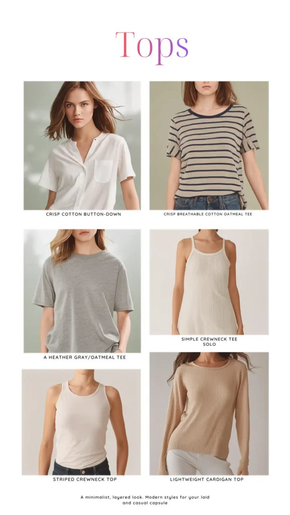 The Pinterest pin "Tops.webp" features a curated collection of essential tops for a women's fashion Capsule Wardrobe. The collage includes a crisp cotton button-down, a striped oatmeal tee, a heather gray tee, a simple crewneck tank, a striped crewneck top, and a lightweight cardigan. These minimalist, modern styles are designed for a laid-back, casual look. Focusing on these versatile pieces helps you build a functional, layered wardrobe that prioritizes effortless style and comfort.